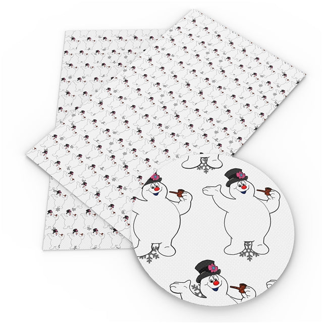 Snowman Christmas Litchi Printed Faux Leather Sheet Litchi has a pebble like feel with bright colors
