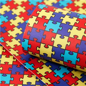 Autism Puzzle Litchi Printed Faux Leather Sheet Litchi has a pebble like feel with bright colors