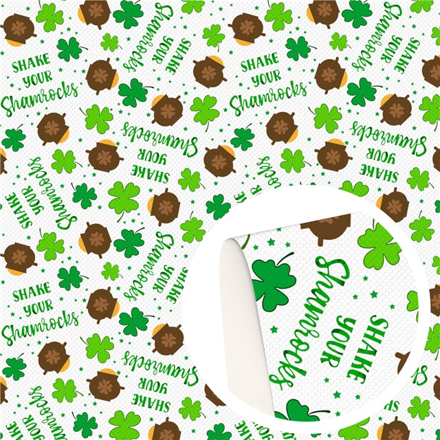Shamrock St Patricks Day Litchi Printed Faux Leather Sheet Litchi has a pebble like feel with bright colors