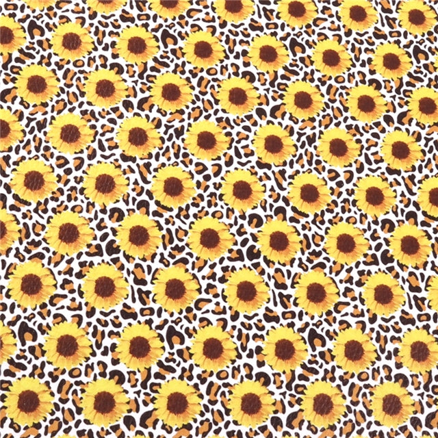 Sunflowers on Leopard Litchi Printed Faux Leather Sheet