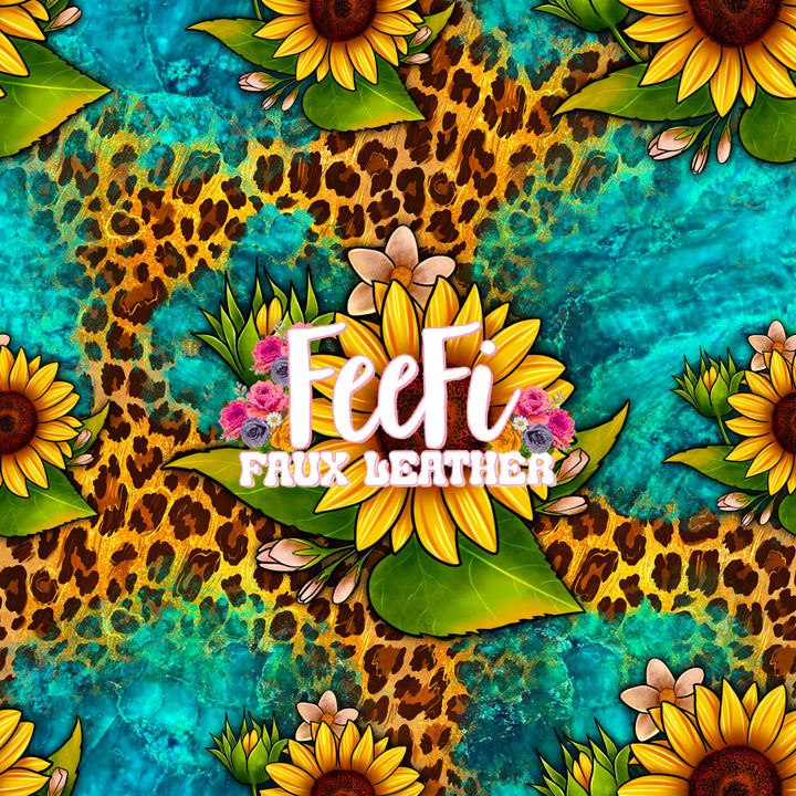 Sunflowers Litchi Printed Faux Leather Sheet Litchi has a pebble like feel with bright colors