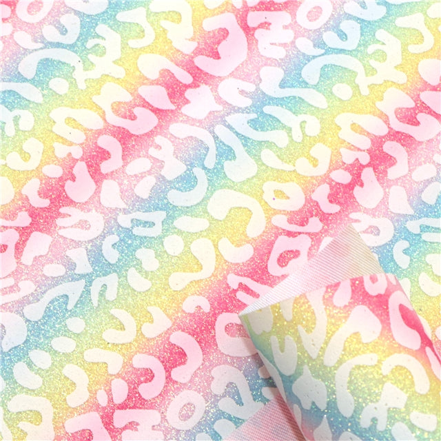 Rainbow Leopard Fine Glitter Printed Faux Leather Print Sheet