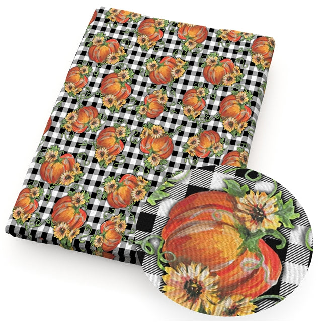 Pumpkins Sunflowers Fall Plaid Printed Bullet Textured Liverpool Fabric