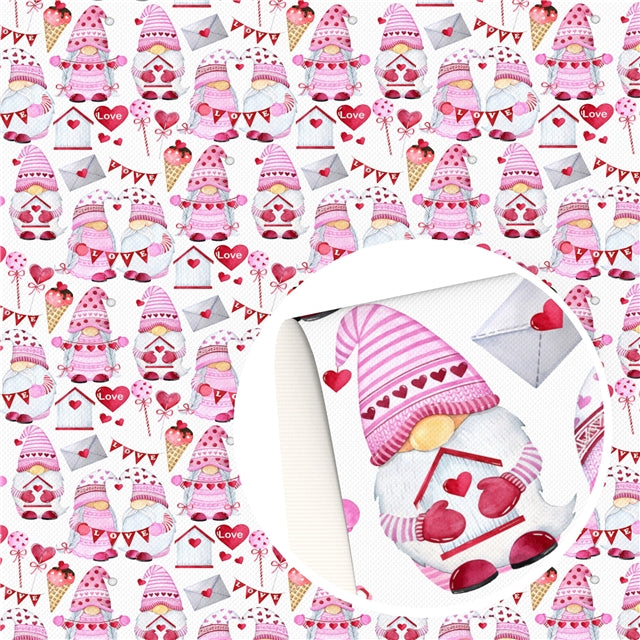 Valentine Gnomes Litchi Printed Faux Leather Sheet Litchi has a pebble like feel with bright colors