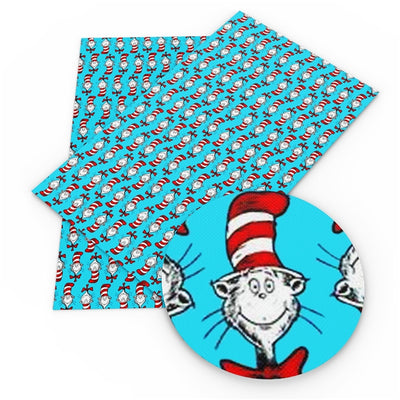 Dr Seuss The Cat In the Hat Litchi Printed Faux Leather Sheet Litchi has a pebble like feel with bright colors