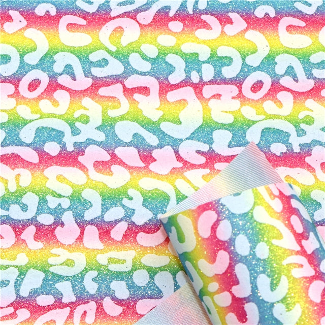 Rainbow Leopard Fine Glitter Printed Faux Leather Print Sheet