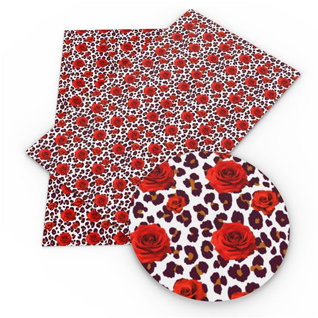Beautiful Red Roses with Leopard Litchi Printed Floral Faux Leather Sheet