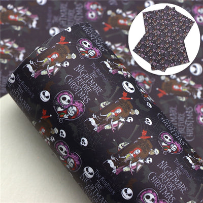 Nightmare Before Christmas Halloween Litchi Printed Faux Leather Sheet Litchi has a pebble like feel with bright colors