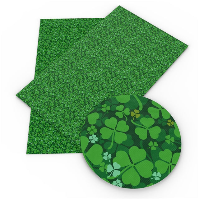 Four Leaf Clovers St. Patrick’s Day Shamrock Litchi Printed Faux Leather Sheet Litchi has a pebble like feel with bright colors