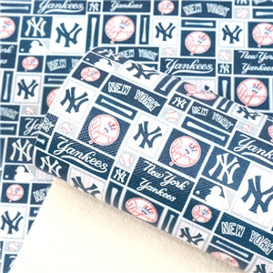 New York Yankee Baseball Litchi Printed Faux Leather Sheet Litchi has a pebble like feel with bright colors