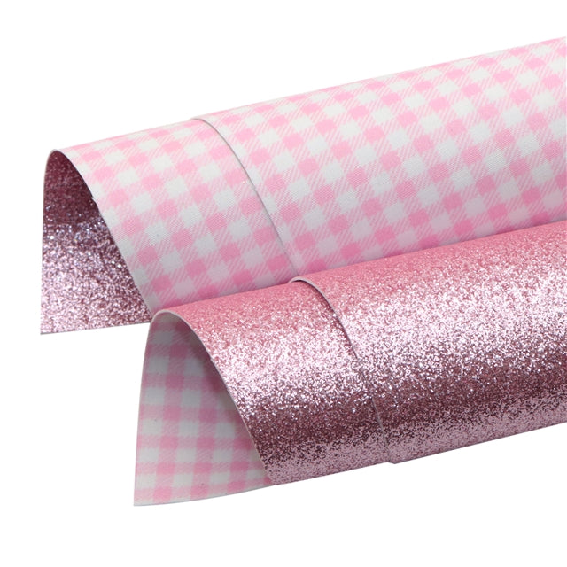 Pink and White Plaid Glitter Double Sided Faux Leather Sheet