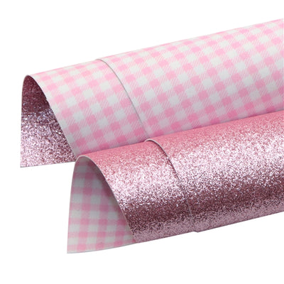 Pink and White Plaid Glitter Double Sided Pattern Faux Leather Sheet