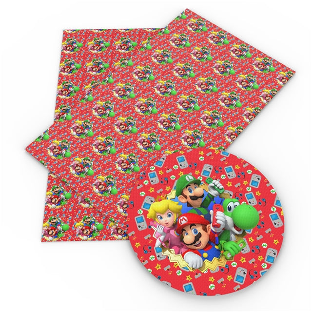 Mario Bros Litchi Printed Faux Leather Sheet Litchi has a pebble like feel with bright colors