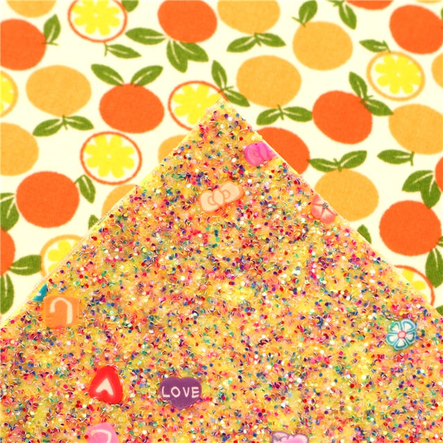 Fruit and Yellow Character Glitter Printed Double Sided Faux Leather Sheet