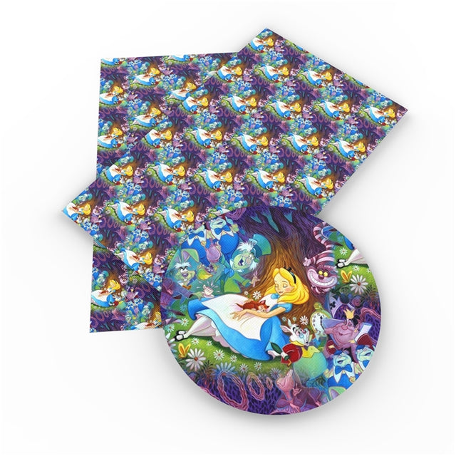 Alice In Wonderland Litchi Printed Faux Leather Sheet Litchi has a pebble like feel with bright colors