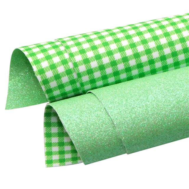 Green and White Plaid Glitter Double Sided Pattern Faux Leather Sheet