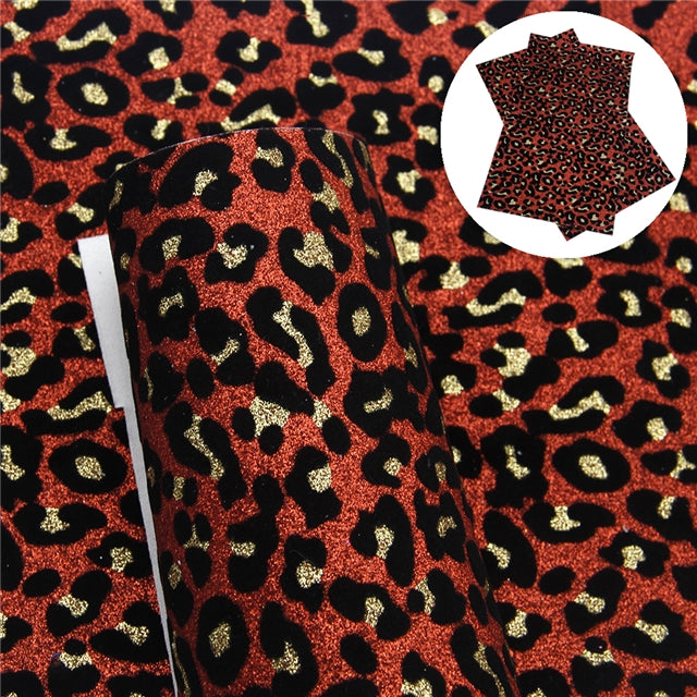 Velvet Leopard Printed Fine Glitter Litchi Printed Faux Leather Sheet Litchi has a pebble like feel with bright colors