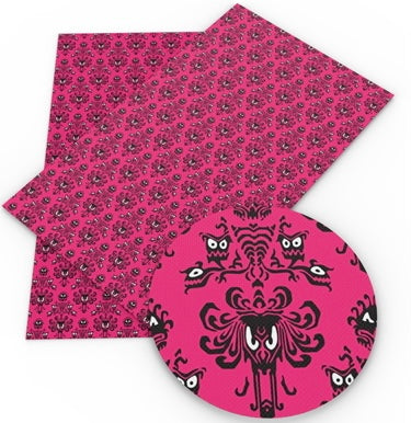 Haunted Mansion Hot Pink Halloween Litchi Printed Faux Leather Sheet