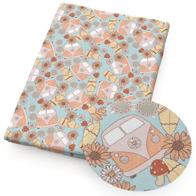 Beautiful Colors Hippie Van Flowers Litchi Printed Faux Leather Sheet Litchi has a pebble like feel with bright colors