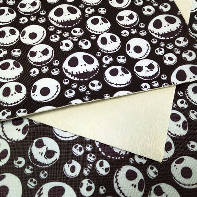 Nightmare Before Christmas Halloween Skulls Litchi Printed Faux Leather Sheet Litchi has a pebble like feel with bright colors