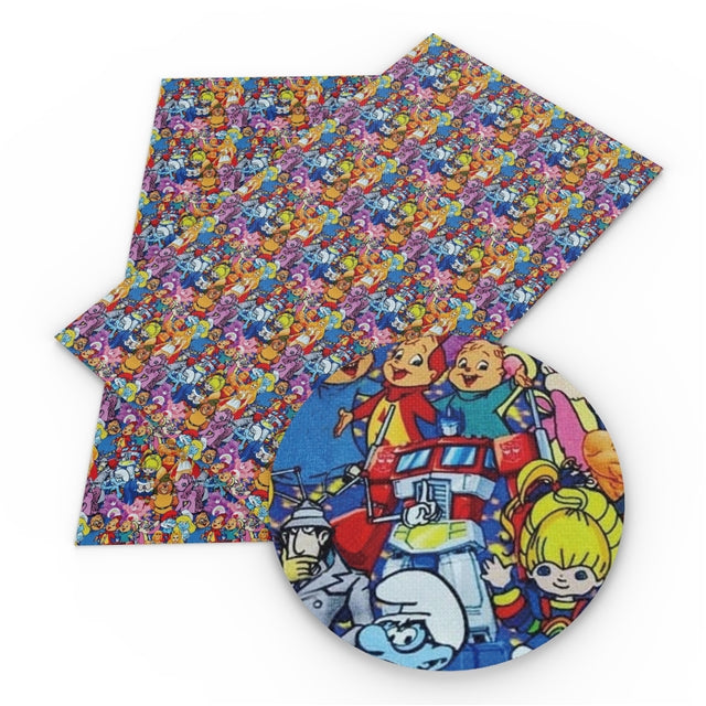 80's Toon Characters Printed Faux Leather Sheet Litchi has a pebble like feel with bright colors