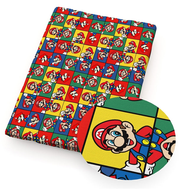 Mario Bros Litchi Printed Faux Leather Sheet Litchi has a pebble like feel with bright colors