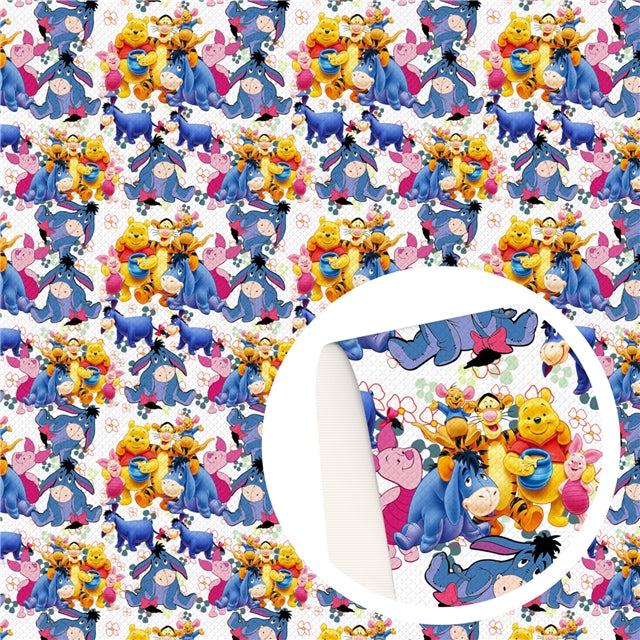 Winnie the Pooh and Friends Litchi Printed Faux Leather Sheet Litchi has a pebble like feel with bright colors