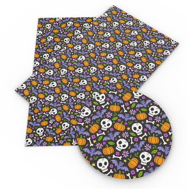 Skulls Halloween Litchi Printed Faux Leather Print Sheet