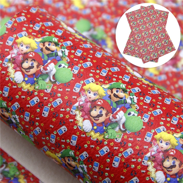 Mario Bros Litchi Printed Faux Leather Sheet Litchi has a pebble like feel with bright colors