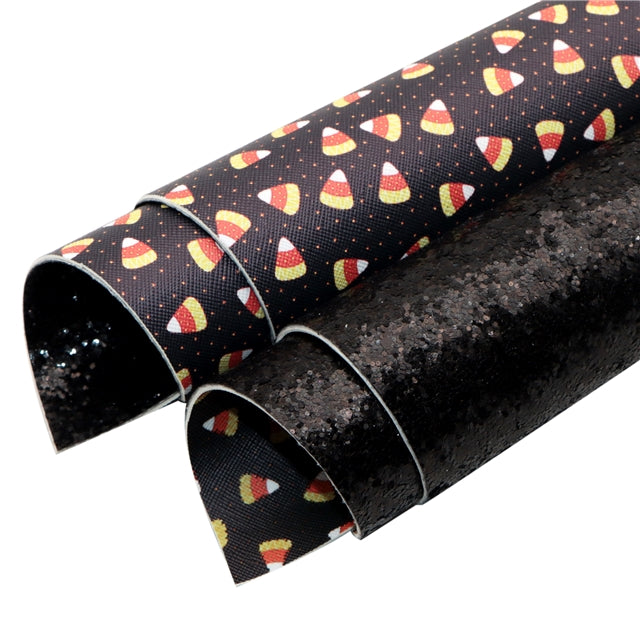 Candy Corn Halloween Glitter Double Sided Pattern Faux Leather Sheet