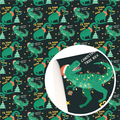 T-Rex Dinosaur Christmas Litchi Printed Faux Leather Sheet Litchi has a pebble like feel with bright colors