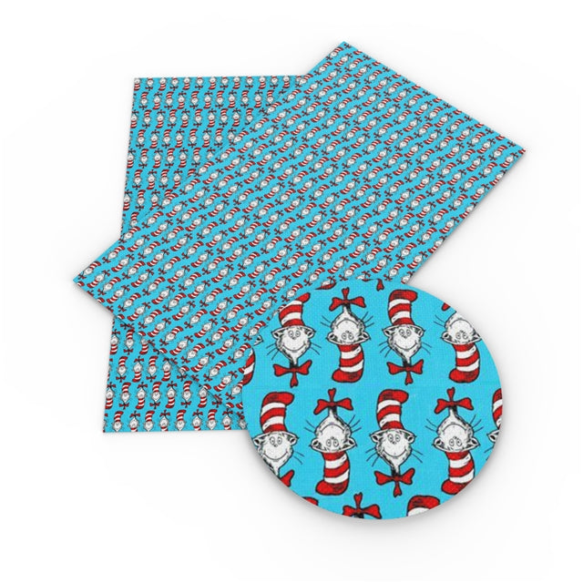 Dr Seuss The Cat In the Hat Litchi Printed Faux Leather Sheet Litchi has a pebble like feel with bright colors