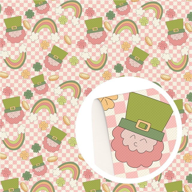 Leprechaun St. Patrick’s Day Litchi Printed Faux Leather Sheet Litchi has a pebble like feel with bright colors