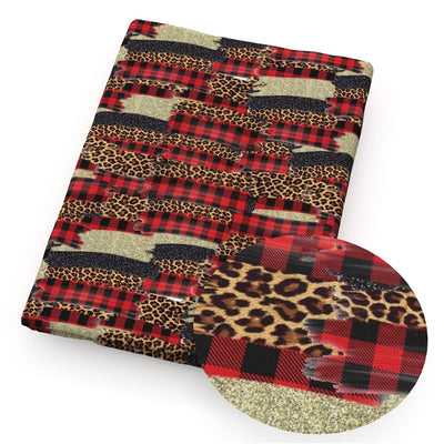 Red Christmas Leopard Brush Strokes Litchi Printed Faux Leather Sheet Litchi has a pebble like feel with bright colors