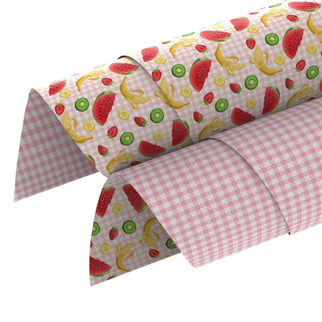 Fruit and Pink Plaid Printed Double Sided Faux Leather Sheet