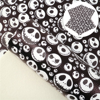 Nightmare Before Christmas Halloween Skulls Litchi Printed Faux Leather Sheet Litchi has a pebble like feel with bright colors