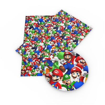 Mario Bros Super Mario Luigi Litchi Printed Faux Leather Sheet Litchi has a pebble like feel with bright colors
