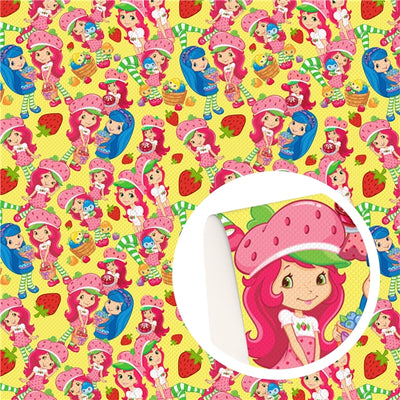 Strawberry Shortcake Litchi Printed Faux Leather Sheet Litchi has a pebble like feel with bright colors