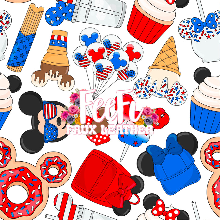 Mickey Red, White and Blue Litchi Printed Faux Leather Sheet Litchi has a pebble like feel with bright colors