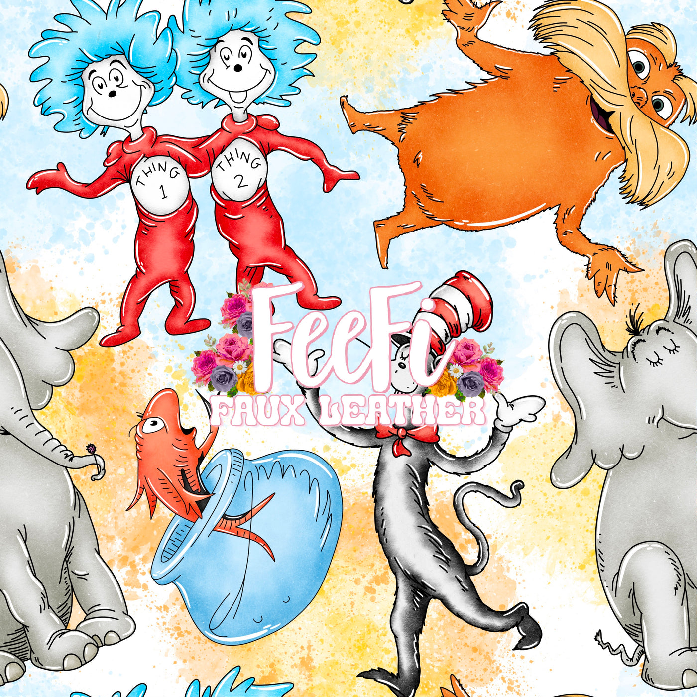 Dr Seuss Litchi Printed Faux Leather Sheet Litchi has a pebble like feel with bright colors