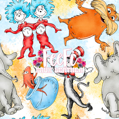 Dr Seuss Litchi Printed Faux Leather Sheet Litchi has a pebble like feel with bright colors