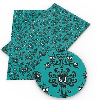 Haunted Mansion Teal Halloween Litchi Printed Faux Leather Sheet