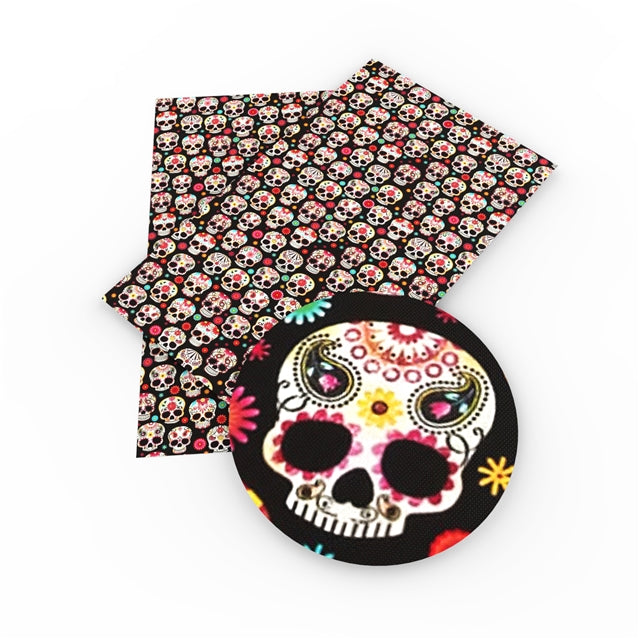 Sugar Skulls Litchi Printed Faux Leather Print Sheet