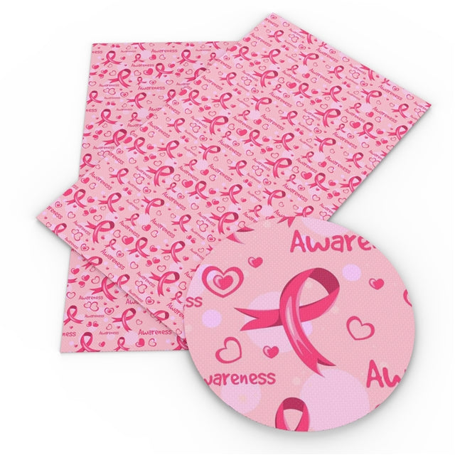 Breast Cancer Ribbon Litchi Printed Faux Leather Sheet Litchi has a pebble like feel with bright colors