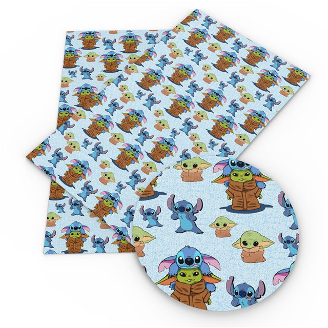 Stitch and Baby Yoda Litchi Printed Faux Leather Sheet Litchi has a pebble like feel with bright colors