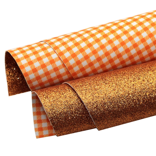 Orange and White Plaid Glitter Double Sided Faux Leather Sheet