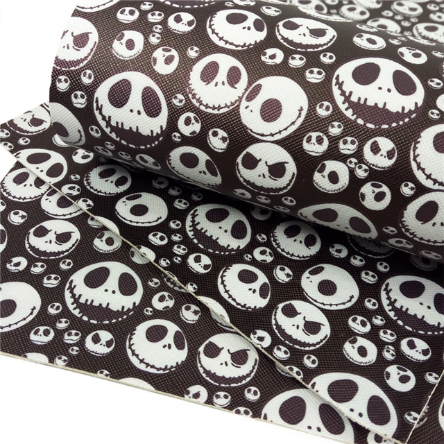 Nightmare Before Christmas Halloween Skulls Litchi Printed Faux Leather Sheet Litchi has a pebble like feel with bright colors