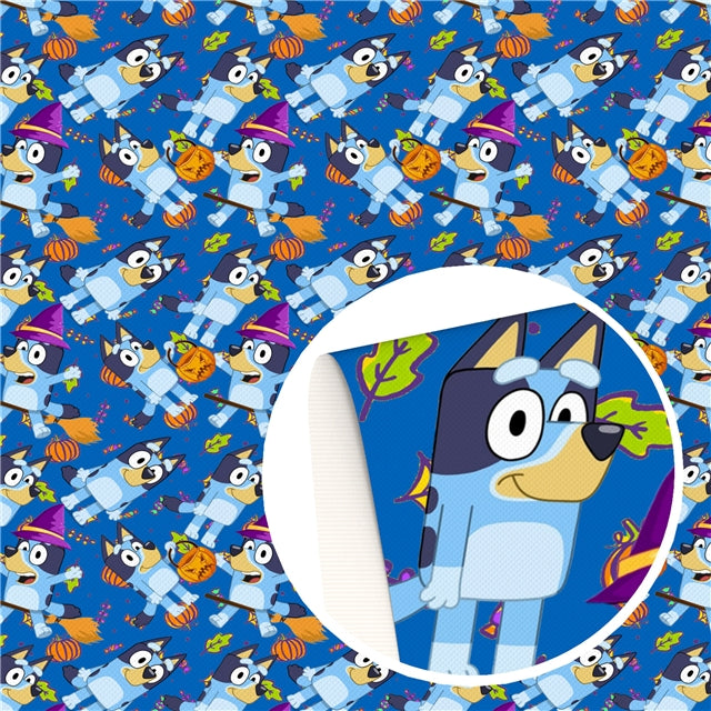 Blue Dog Halloween Printed Faux Leather Sheet Litchi has a pebble like feel with bright colors