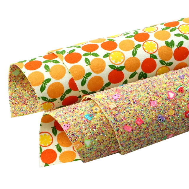 Fruit and Yellow Character Glitter Printed Double Sided Faux Leather Sheet