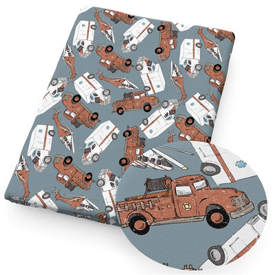 Fire Truck and Ambulance Rescue Litchi Printed Faux Leather Sheet